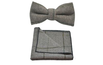 Light Khaki Brown Herringbone Check Bow Tie & Pocket Square Set