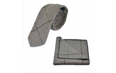 Light Khaki Brown Herringbone Check Tie & Pocket Square Set