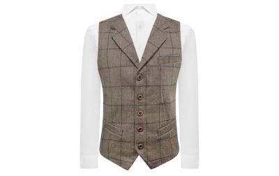 Light Khaki Brown Herringbone Check Waistcoat with Lapel