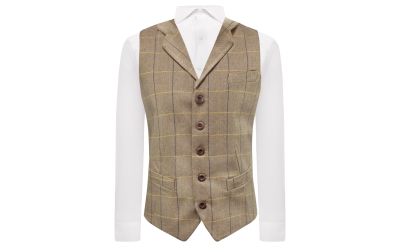 Light Oak Brown Herringbone Check Waistcoat with Lapel