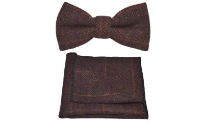 Mahogany Herringbone Check Bow Tie & Pocket Square Set
