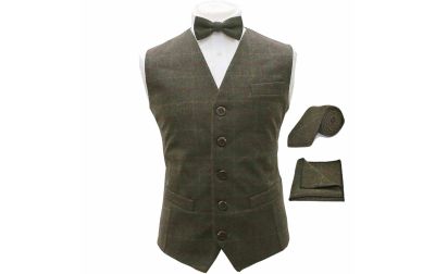 Heritage Check Moss Green Waistcoat, Bow Tie, Tie & Pocket Square Set