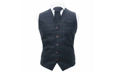 Heritage Check Navy Blue Waistcoat & Tie Set