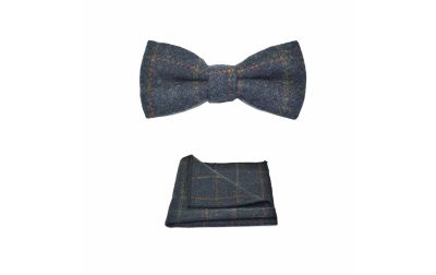 Heritage Check Navy Blue Bow Tie & Pocket Square Set