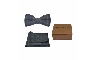 Heritage Check Navy Blue Bow Tie & Pocket Square Set | Boxed