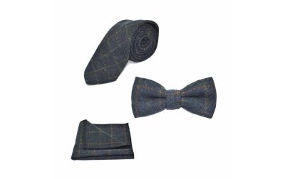 Heritage Check Navy Blue Bow Tie, Tie & Pocket Square Set