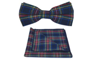 Traditional Navy Blue Tartan Bow Tie & Pocket Square Set