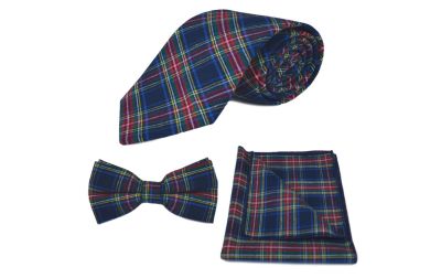 Traditional Navy Blue Tartan Tie, Bow Tie & Pocket Square Set