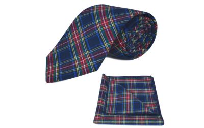 Traditional Navy Blue Tartan Tie & Pocket Square Set