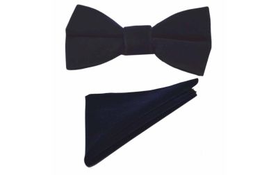 Navy Blue Velvet Bow Tie & Pocket Square Set