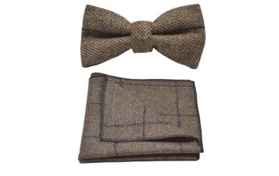 Peanut Brown Herringbone Check Bow Tie & Pocket Square Set