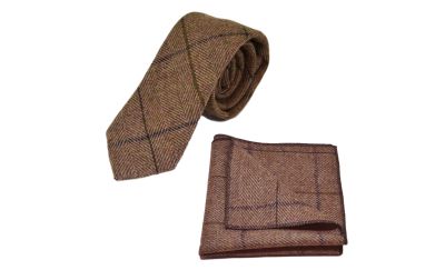 Peanut Brown Herringbone Check Tie & Pocket Square Set