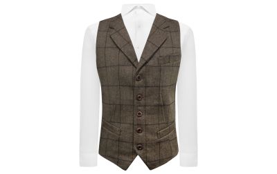 Peanut Brown Herringbone Check Waistcoat with Lapel
