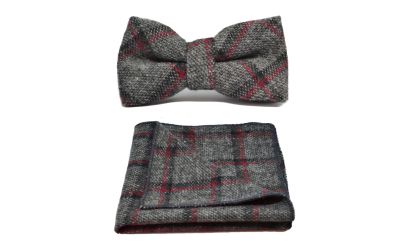 Heritage Pebble Grey Check Bow Tie & Pocket Square Set