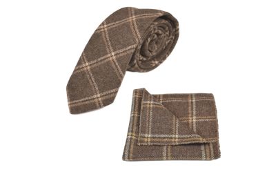 Heritage Pecan Brown Check Tie & Pocket Square Set