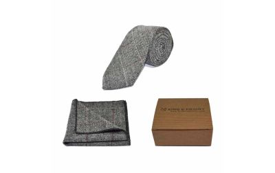 Luxury Herringbone Pewter Grey Tie & Pocket Square Set | Boxed