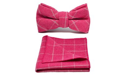 Fuschia Pink Birdseye Check Bow Tie & Pocket Square Set