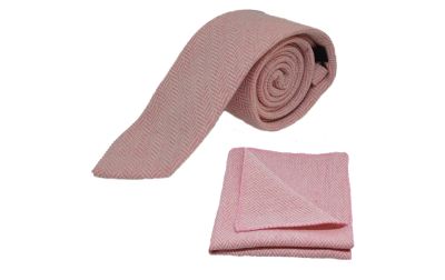 Candy Pink & Cream Herringbone Tie & Pocket Square Set