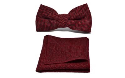 Cranberry Red & Black Herringbone Bow Tie & Pocket Square Set