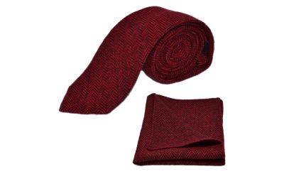 Cranberry Red & Black Herringbone Tie & Pocket Square Set