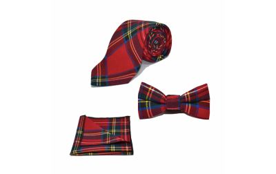 Traditional Red & Yellow Tartan Check Bow Tie, Tie & Pocket Square Set
