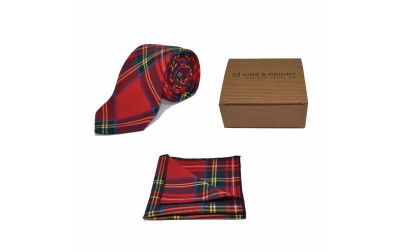 Traditional Red & Yellow Tartan Check Tie & Pocket Square Set | Boxed