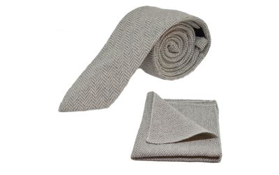 Silver Grey & Cream Herringbone Tie & Pocket Square Set