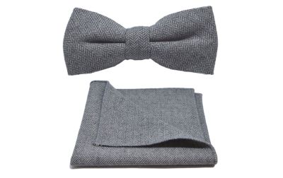 Silver Grey Herringbone Bow Tie & Pocket Square Set