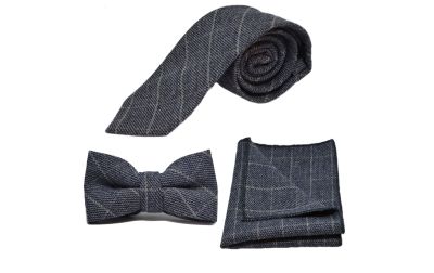 Stone Blue Birdseye Check Tie, Bow Tie & Pocket Square Set