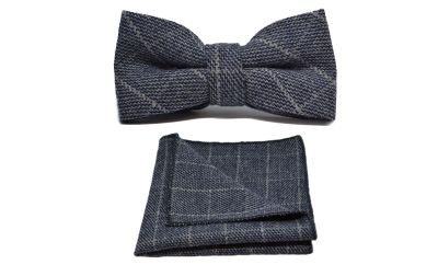 Stone Blue Birdseye Check Bow Tie & Pocket Square Set