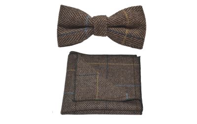 Walnut Brown Herringbone Check Bow Tie & Pocket Square Set