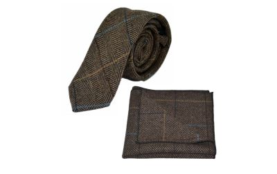 Walnut Brown Herringbone Check Tie & Pocket Square Set