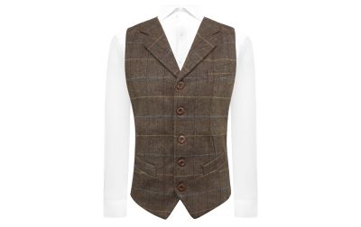 Walnut Brown Herringbone Check Waistcoat with Lapel