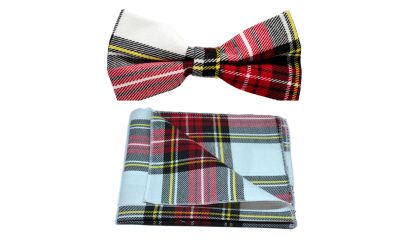 Traditional White & Red Tartan Bow Tie & Pocket Square Set