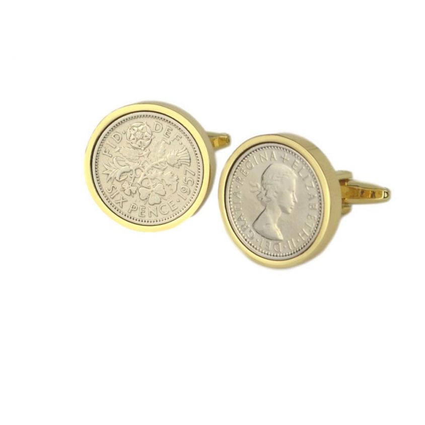 Lucky Sixpence Cufflinks in Gold Mount | 1957