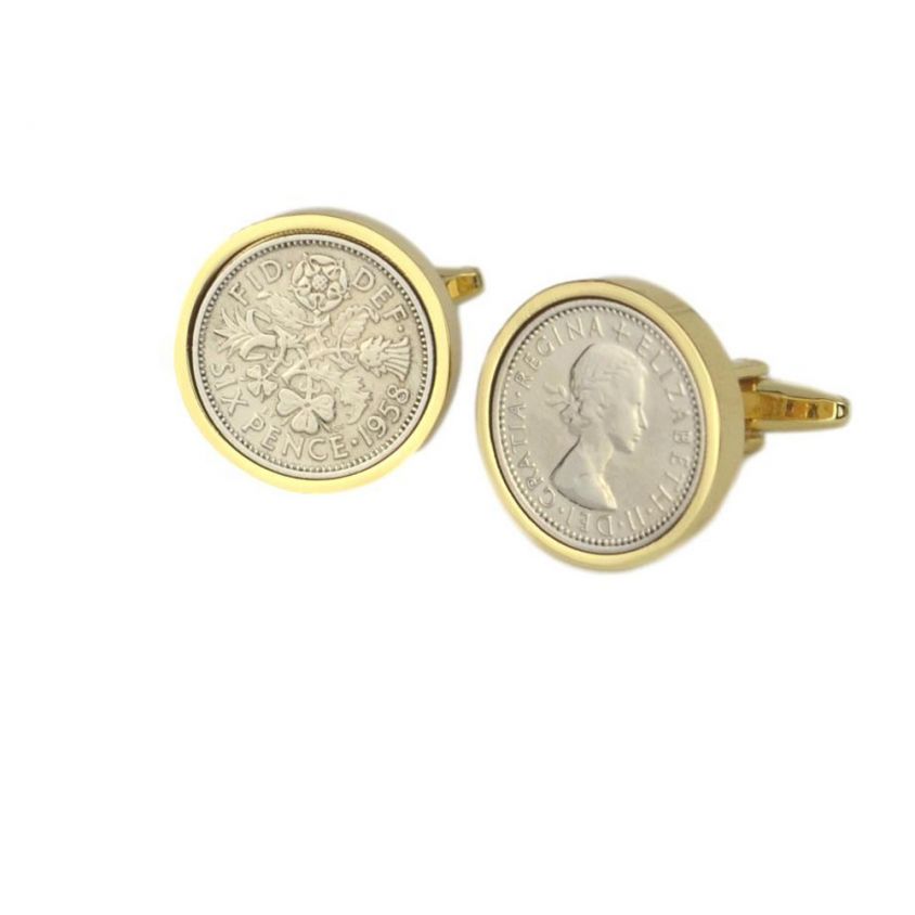 Lucky Sixpence Cufflinks in Gold Mount | 1958