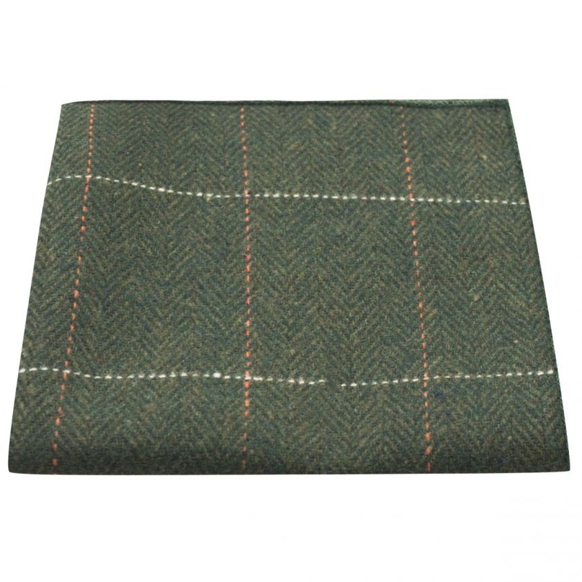 Luxury Herringbone Forest Green Tweed Pocket Square