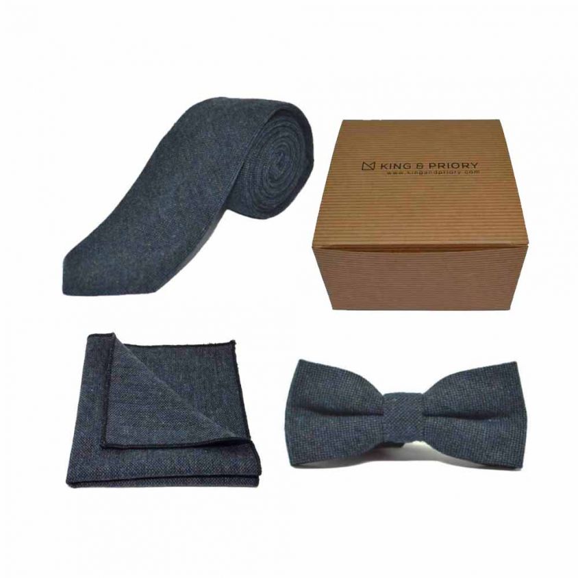 Highland Weave Deep Blue Bow Tie, Tie & Pocket Square Set | Boxed