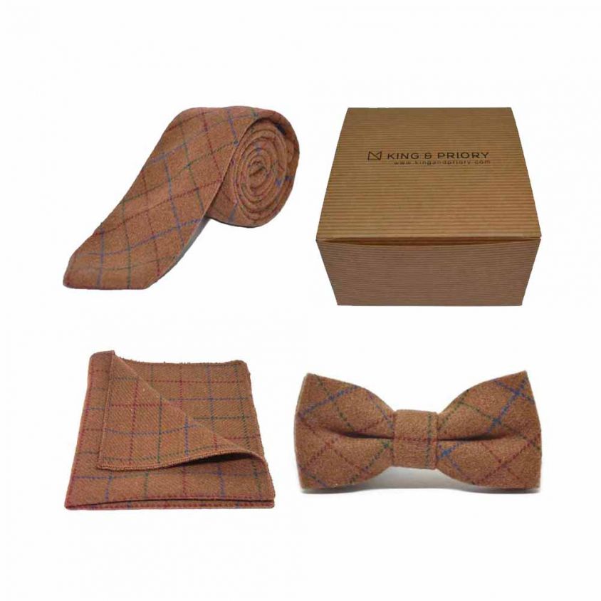 Heritage Check Rustic Brown Bow Tie, Tie & Pocket Square Set | Boxed