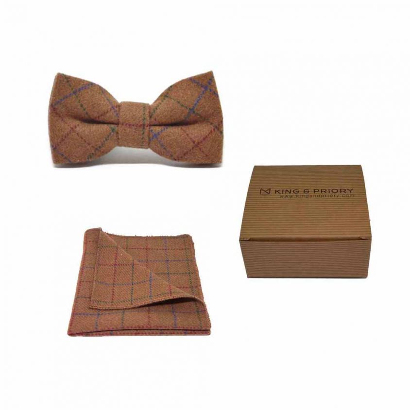 Heritage Check Rustic Brown Bow Tie & Pocket Square Set | Boxed