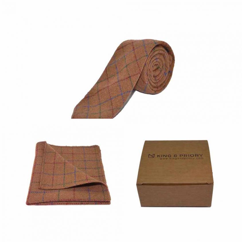 Heritage Check Rustic Brown Tie & Pocket Square Set | Boxed