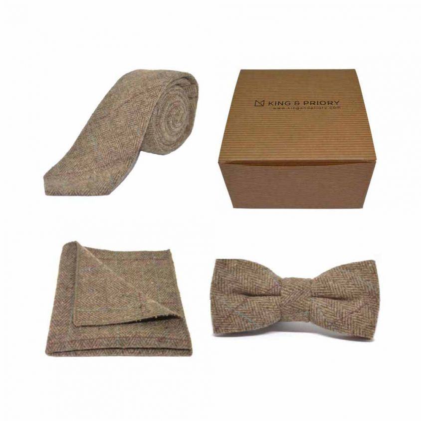 Luxury Herringbone Brown Tweed Bow Tie, Tie & Pocket Square Set | Boxed