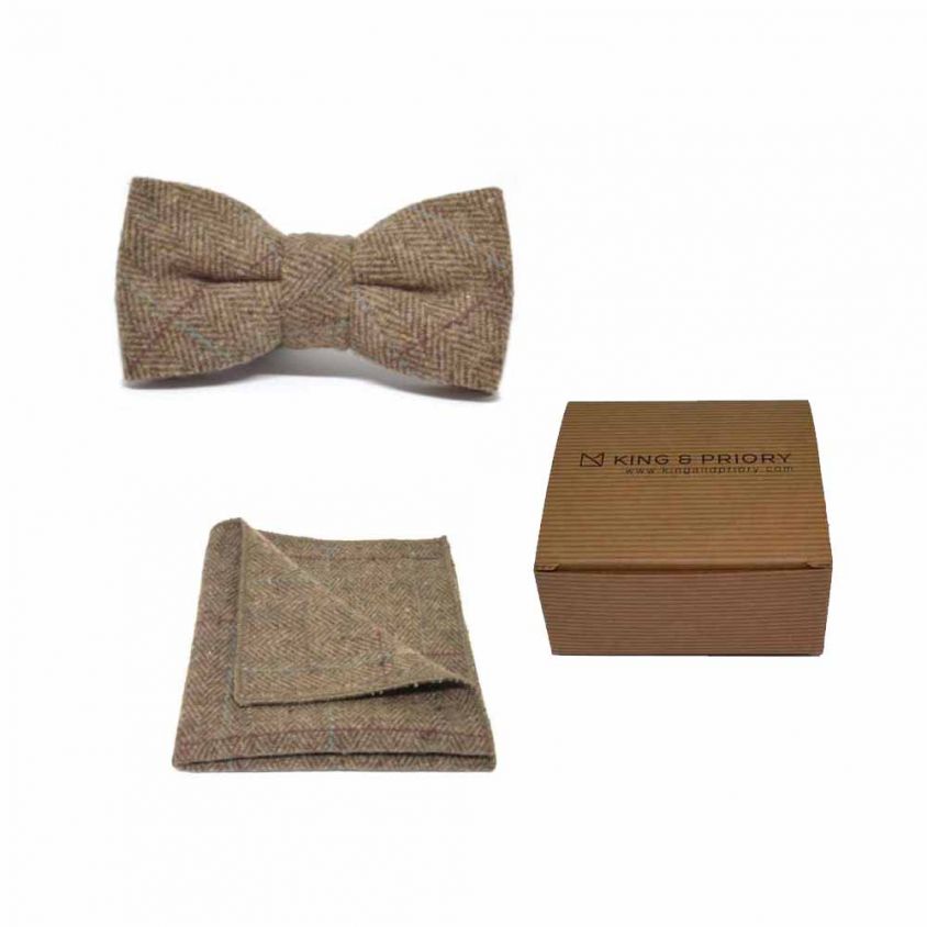 Luxury Herringbone Brown Tweed Bow Tie & Pocket Square Set | Boxed