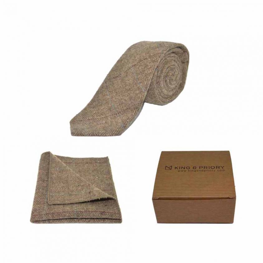 Luxury Herringbone Brown Tweed Tie & Pocket Square Set | Boxed