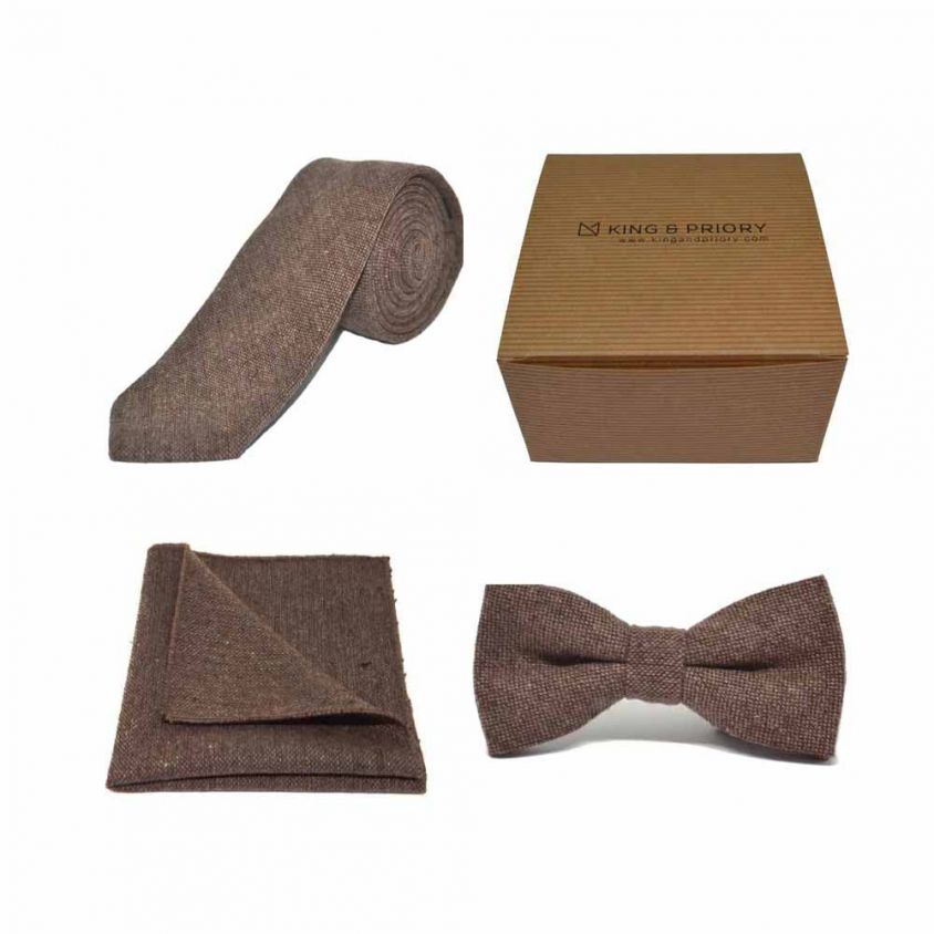 Highland Weave Hessian Brown Bow Tie, Tie & Pocket Square Set | Boxed