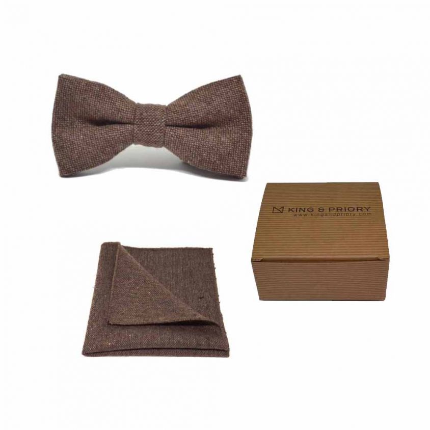 Highland Weave Hessian Brown Bow Tie & Pocket Square Set | Boxed