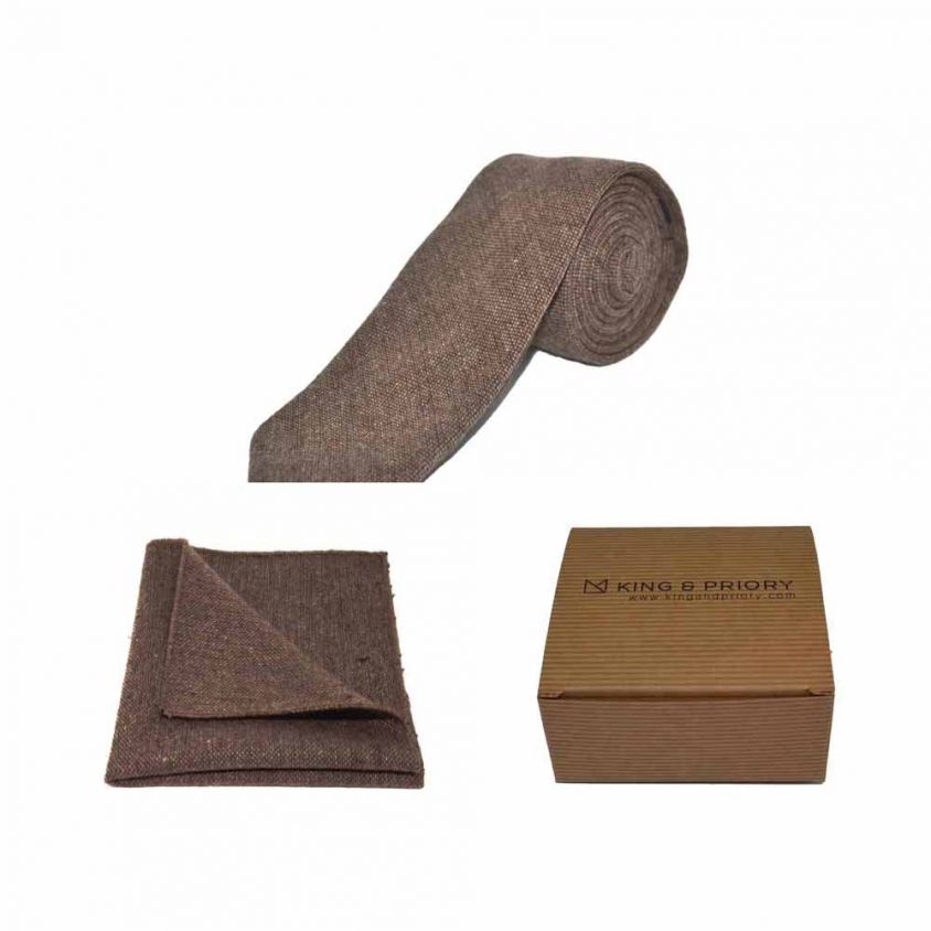 Highland Weave Hessian Brown Tie & Pocket Square Set | Boxed