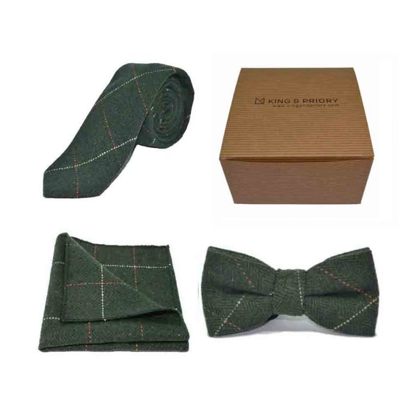Luxury Herringbone Forest Green Tweed Bow Tie, Tie & Pocket Square Set | Boxed