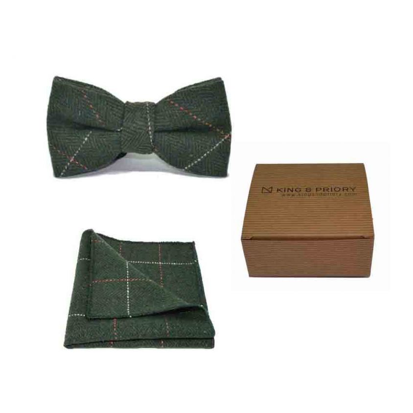 Luxury Herringbone Forest Green Tweed Bow Tie & Pocket Square Set | Boxed