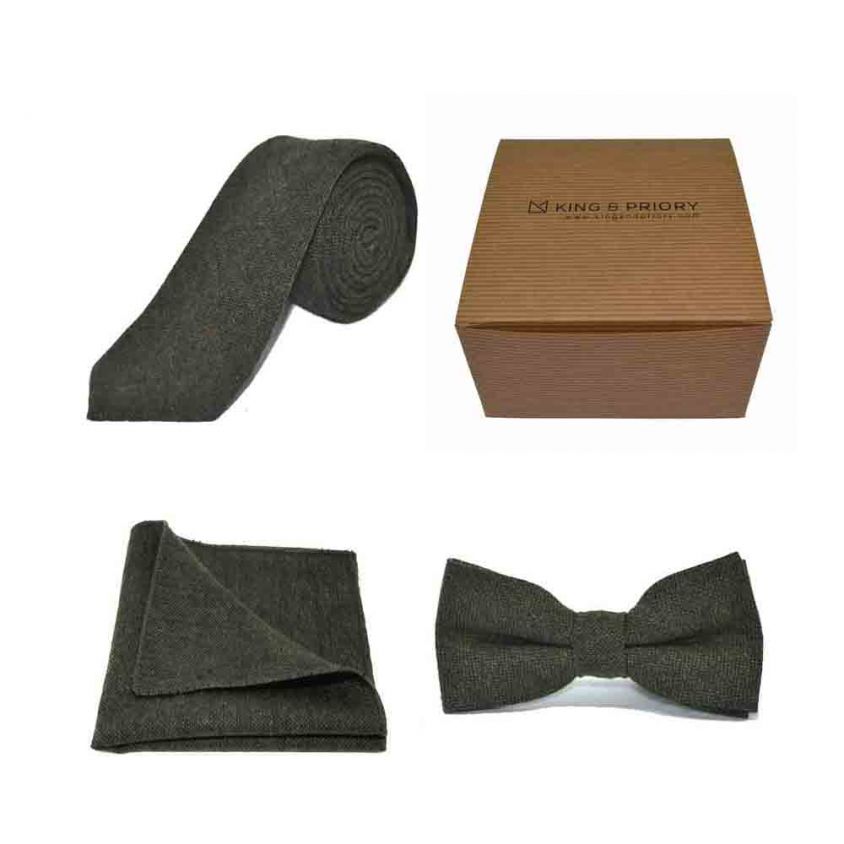 Highland Weave Forest Green Bow Tie, Tie & Pocket Square Set | Boxed